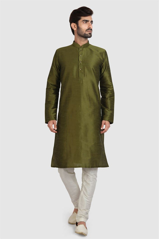 Fascinate Mehendi Green Color Art Silk Fabric Readymade Kurta Pyjama For Men