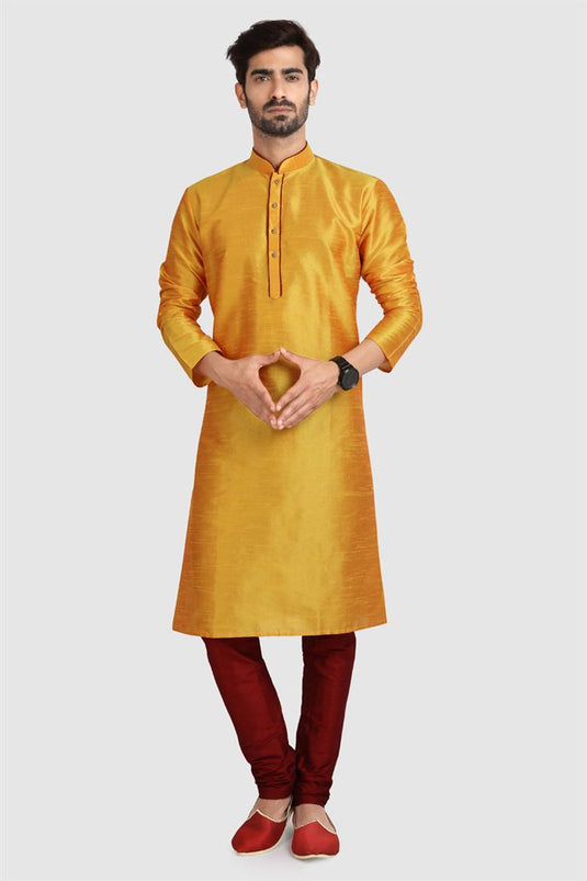Magnificent Golden Color Art Silk Fabric Readymade Kurta Pyjama For Men