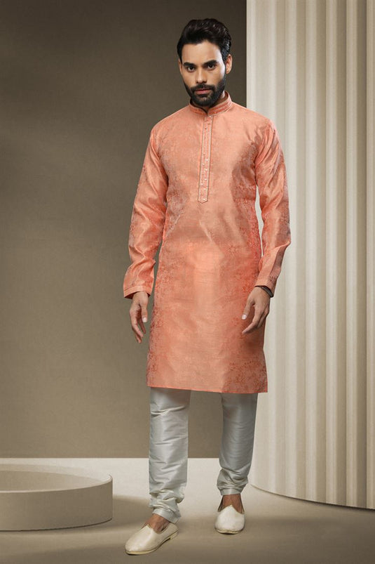 Peach Color Jacquard Silk Fabric Sangeet Wear Readymade Kurta Pyjama For Men