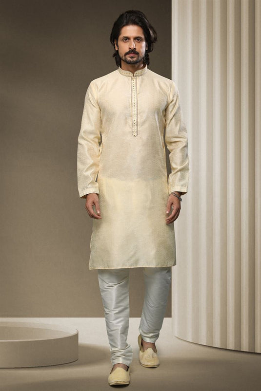 Cream Color Jacquard Silk Fabric Reception Wear Readymade Kurta Pyjama For Men