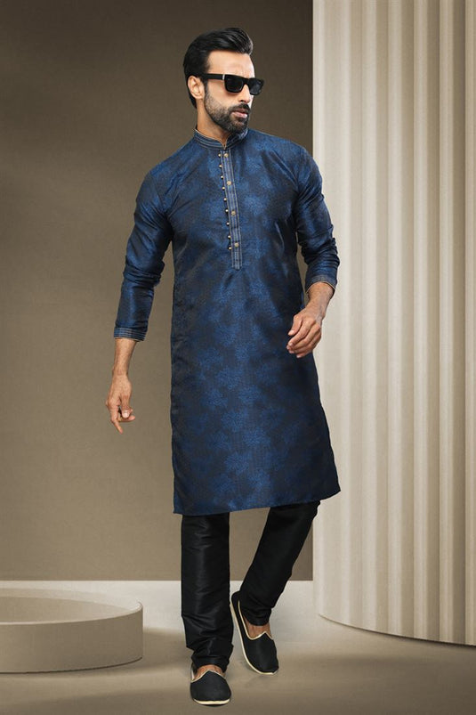 Navy Blue Color Jacquard Silk Fabric Festive Wear Readymade Kurta Pyjama For Men