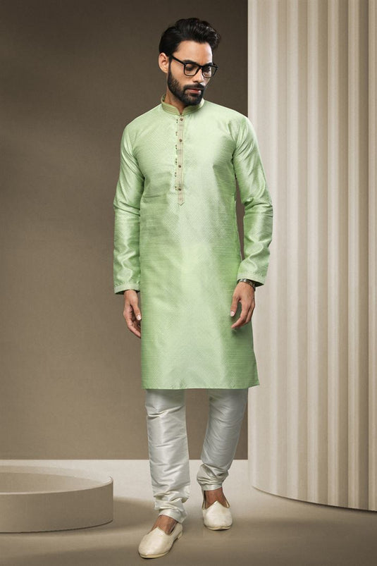 Sea Green Color Jacquard Silk Fabric Wedding Wear Readymade Kurta Pyjama For Men