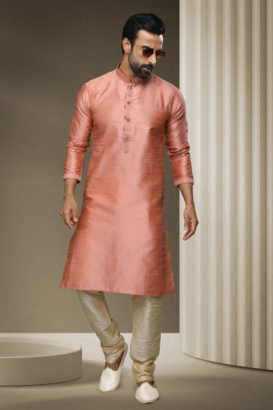Peach Color Jacquard Silk Fabric Function Wear Readymade Kurta Pyjama For Men