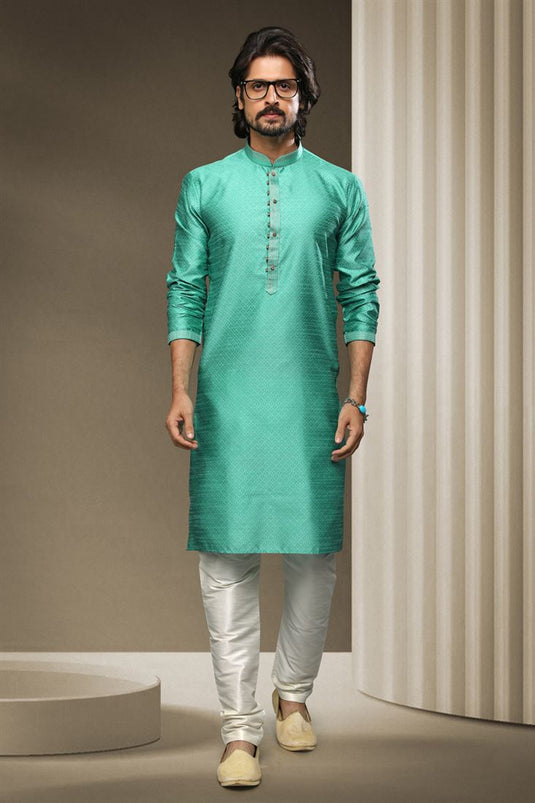 Cyan Color Jacquard Silk Fabric Sangeet Wear Readymade Kurta Pyjama For Men