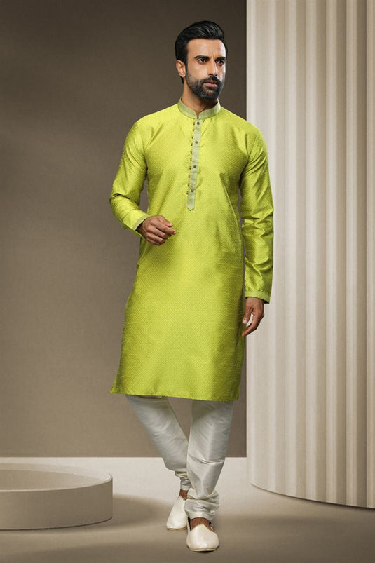 Green Color Jacquard Silk Fabric Wedding Wear Readymade Kurta Pyjama For Men