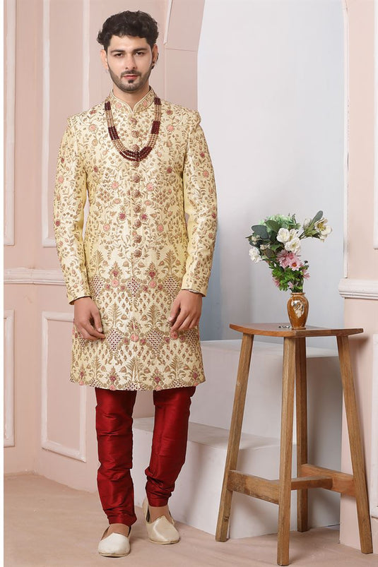 Gorgeous Beige Color Banarasi Silk Fabric Wedding Wear Groom Sherwani For Men