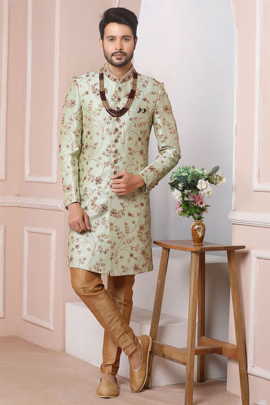 Lovely Sea Green Color Banarasi Silk Fabric Wedding Wear Groom Sherwani For Men