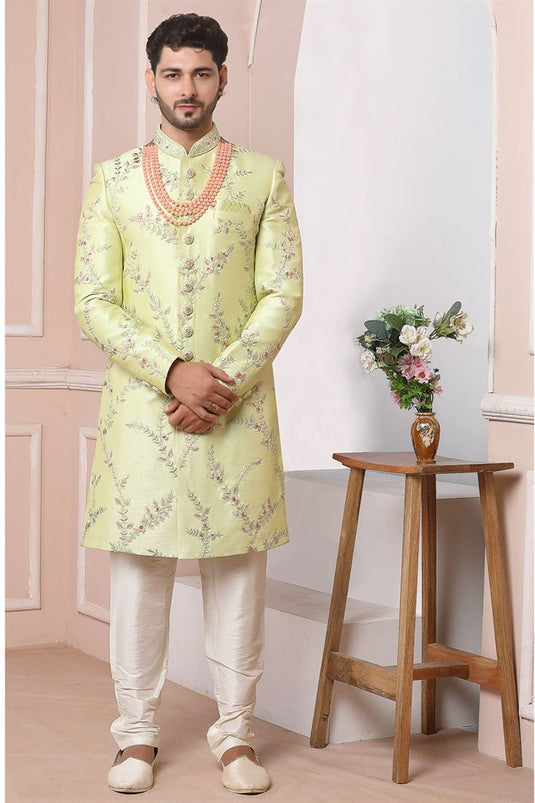 Pretty Light Yellow Color Banarasi Silk Fabric Wedding Wear Groom Sherwani For Men