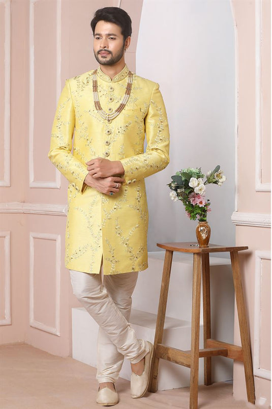 Beautiful Yellow Color Banarasi Silk Fabric Wedding Wear Groom Sherwani For Men