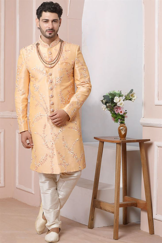 Attractive Peach Color Banarasi Silk Fabric Wedding Wear Groom Sherwani For Men