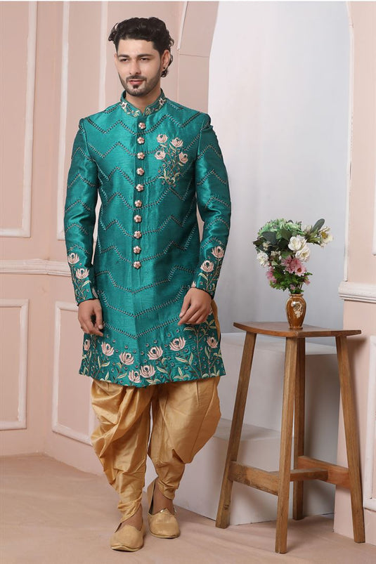 Glamorous Teal Color Banarasi Silk Fabric Wedding Wear Groom Sherwani For Men