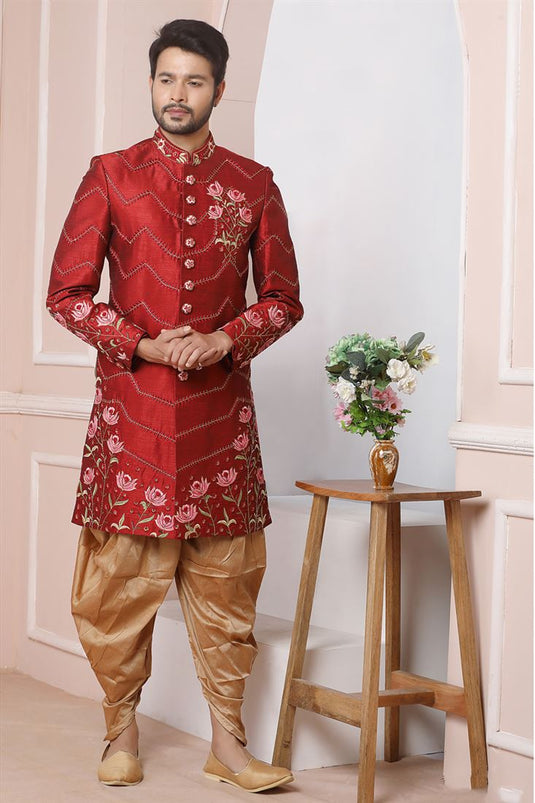 Gorgeous Maroon Color Banarasi Silk Fabric Wedding Wear Groom Sherwani For Men