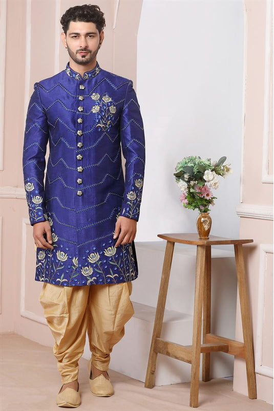 Lovely Blue Color Banarasi Silk Fabric Wedding Wear Groom Sherwani For Men