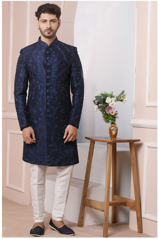 Beautiful Navy Blue Color Banarasi Silk Fabric Wedding Wear Groom Sherwani For Men