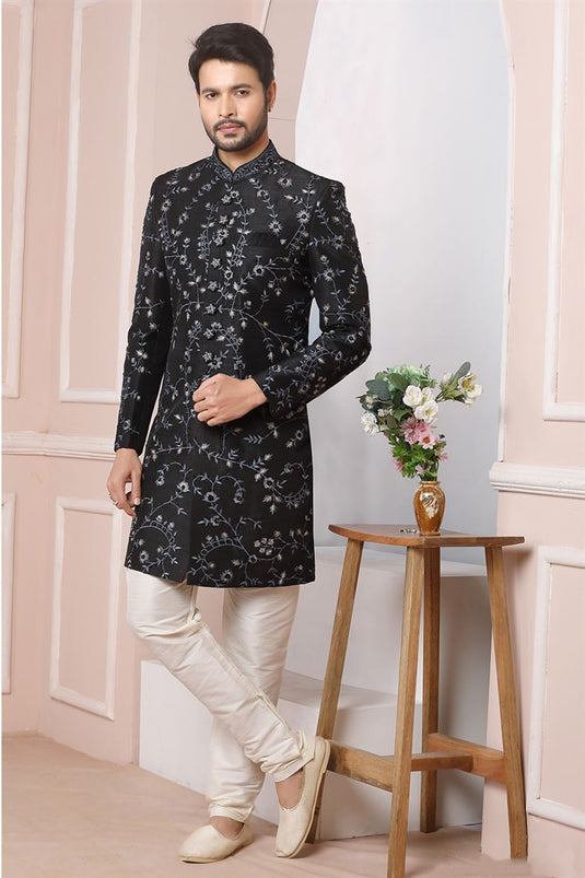 Attractive Black Color Banarasi Silk Fabric Wedding Wear Groom Sherwani For Men