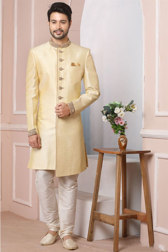 Glamorous Cream Color Banarasi Silk Fabric Wedding Wear Indo Western For Men