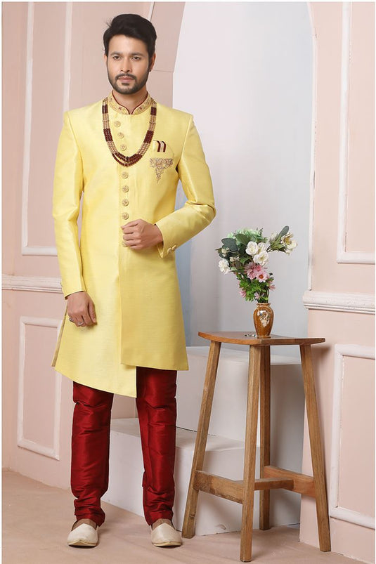 Lovely Yellow Color Banarasi Silk Fabric Wedding Wear Indo Western For Men