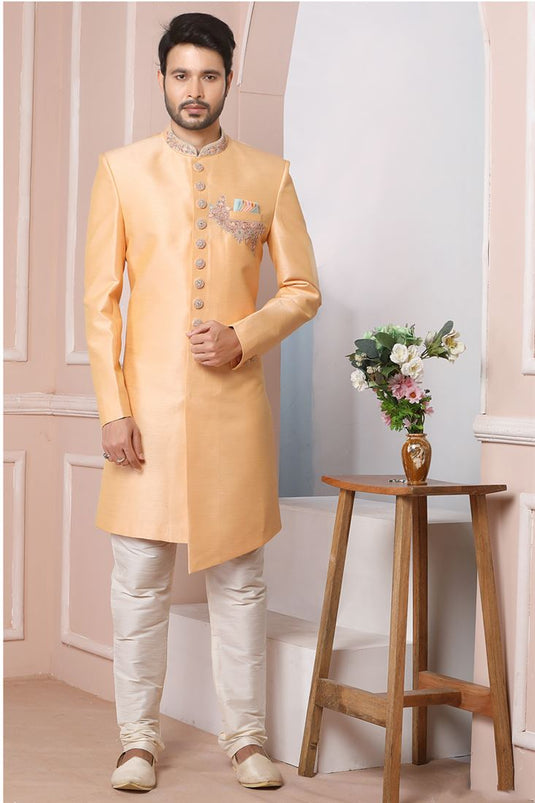 Pretty Peach Color Banarasi Silk Fabric Wedding Wear Indo Western For Men