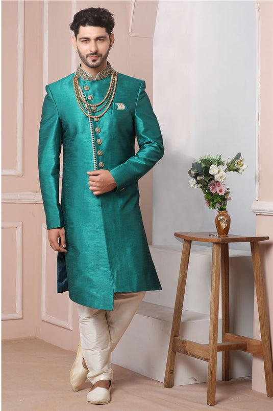 Attractive Teal Color Banarasi Silk Fabric Wedding Wear Indo Western For Men