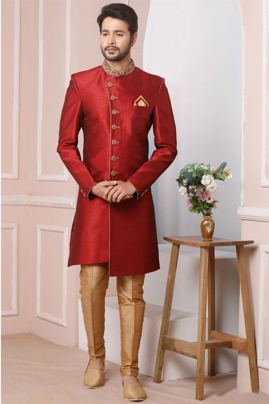 Glamorous Maroon Color Banarasi Silk Fabric Wedding Wear Indo Western For Men