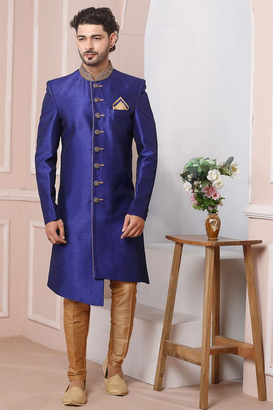 Gorgeous Blue Color Banarasi Silk Fabric Wedding Wear Indo Western For Men