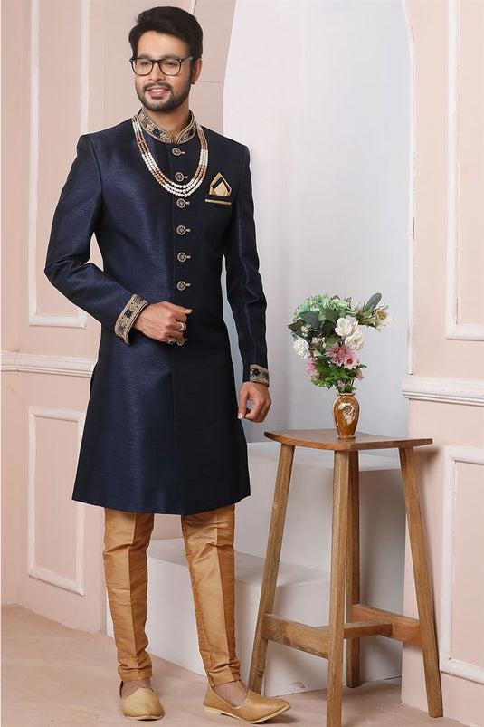 Lovely Navy Blue Color Banarasi Silk Fabric Wedding Wear Indo Western For Men
