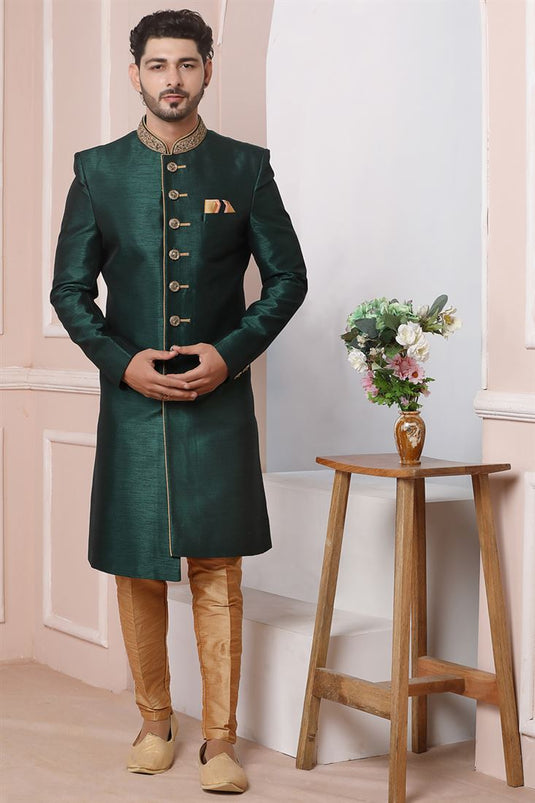 Pretty Dark Green Color Banarasi Silk Fabric Wedding Wear Indo Western For Men