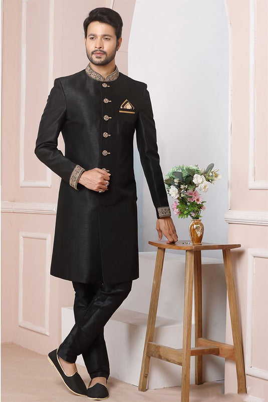 Beautiful Black Color Banarasi Silk Fabric Wedding Wear Indo Western For Men