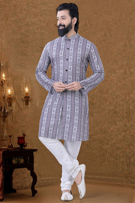 Grey Color Ethnic Wear Cotton Fabric Charismatic Kurta Pyjama