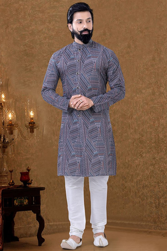 Cotton Fabric Ethnic Wear Mesmeric Kurta Pyjama In Grey Color