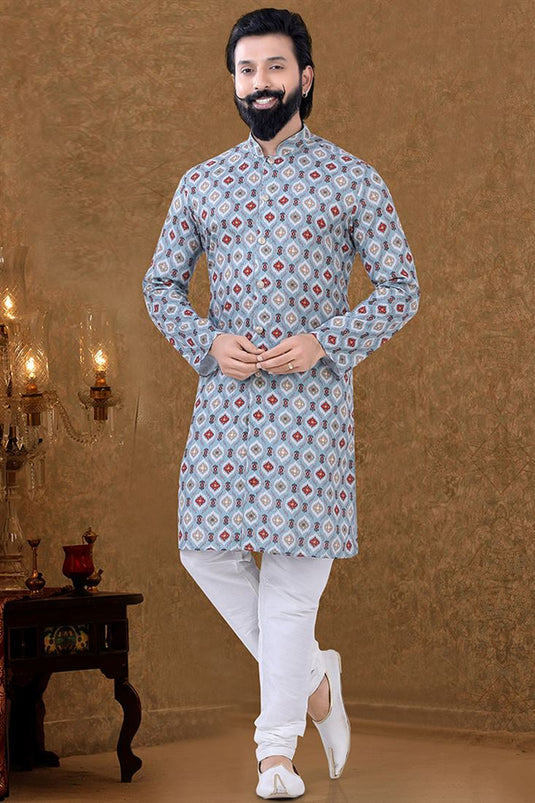 Light Cyan Color Ethnic Wear Cotton Fabric Incredible Kurta Pyjama