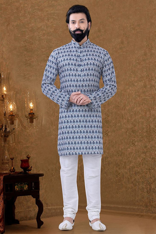 Cotton Fabric Sangeet Wear Vivacious Kurta Pyjama In Sky Blue Color
