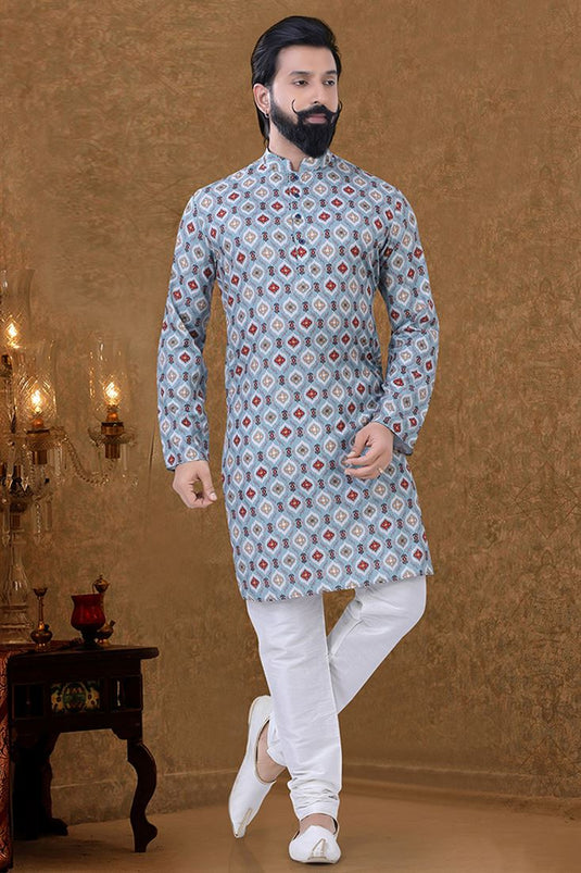 Cotton Fabric Sangeet Wear Mesmeric Kurta Pyjama In Light Cyan Color