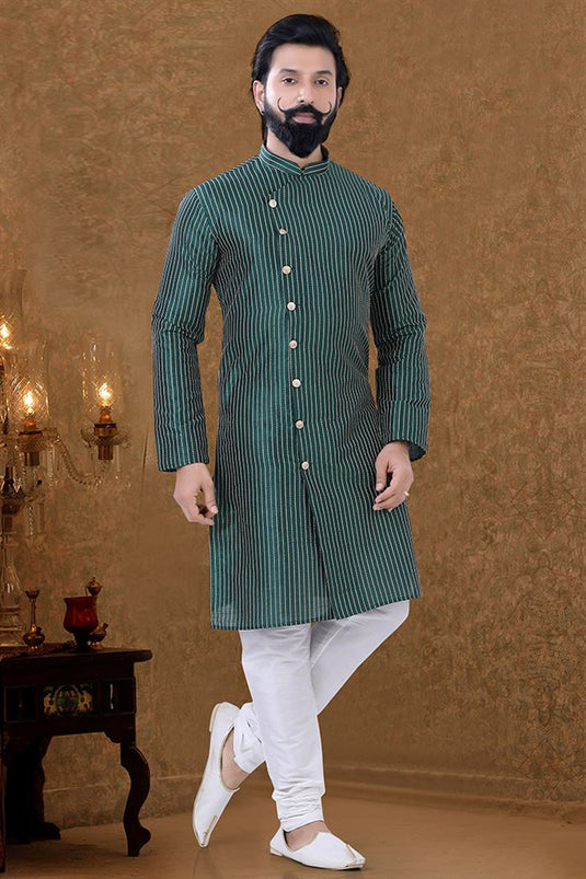 Cotton Fabric Sangeet Wear Wondrous Kurta Pyjama In Dark Green Color