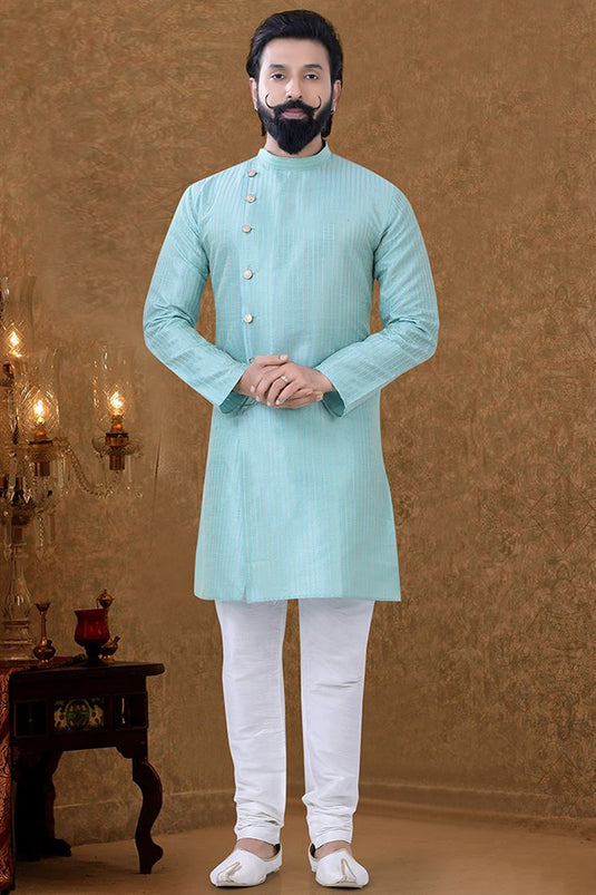 Cotton Fabric Ethnic Wear Vintage Kurta Pyjama In Light Cyan Color