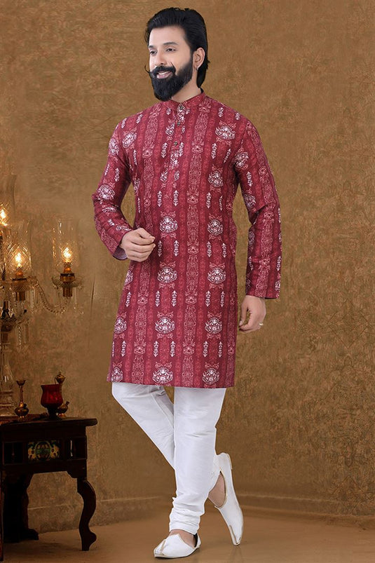 Red Color Sangeet Wear Cotton Fabric Incredible Kurta Pyjama