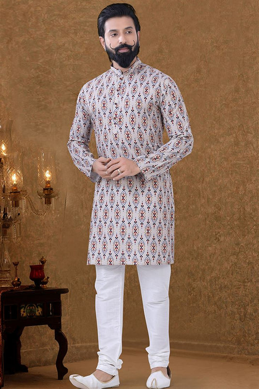 White Color Cotton Fabric Ethnic Wear Luminous Kurta Pyjama