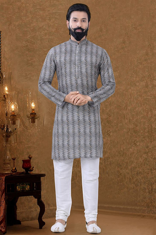 Cotton Fabric Sangeet Wear Vivacious Kurta Pyjama In Grey Color