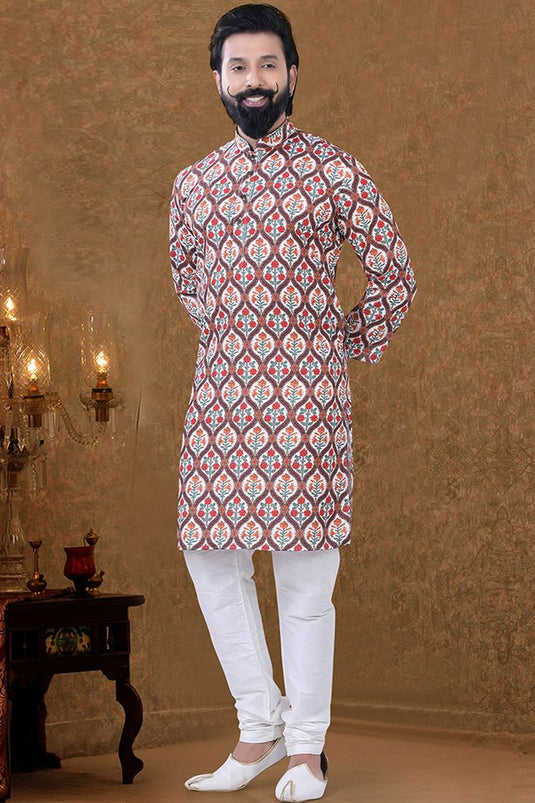 Cotton Fabric Ethnic Wear Mesmeric Kurta Pyjama In Multi Color