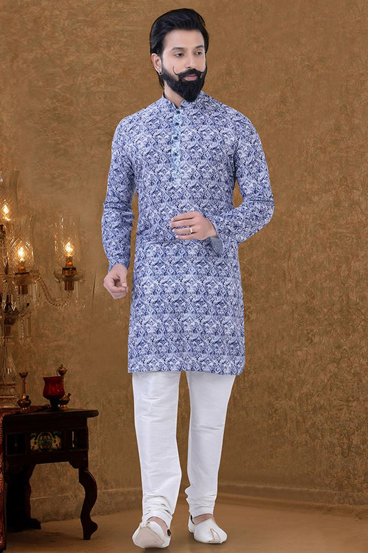 Blue Color Cotton Fabric Sangeet Wear Adroit Kurta Pyjama