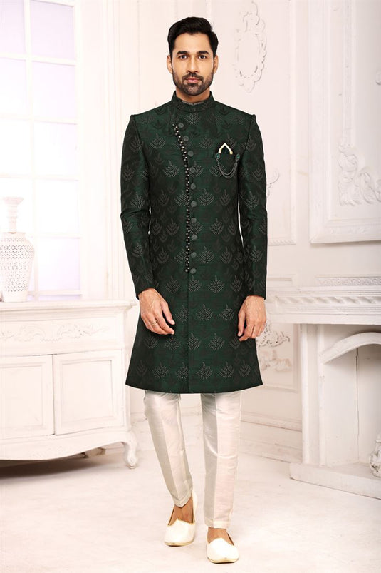 Engaging Dark Green Color Brocade Fabric Indo Western For Men