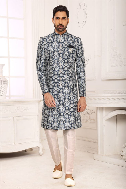 Fetching Brocade Fabric Indo Western For Men In Blue Color