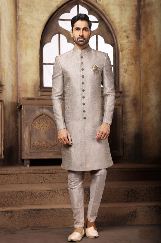 Fascinate Brocade Fabric Indo Western For Men In Grey Color