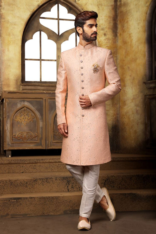 Remarkable Peach Color Brocade Fabric Indo Western For Men