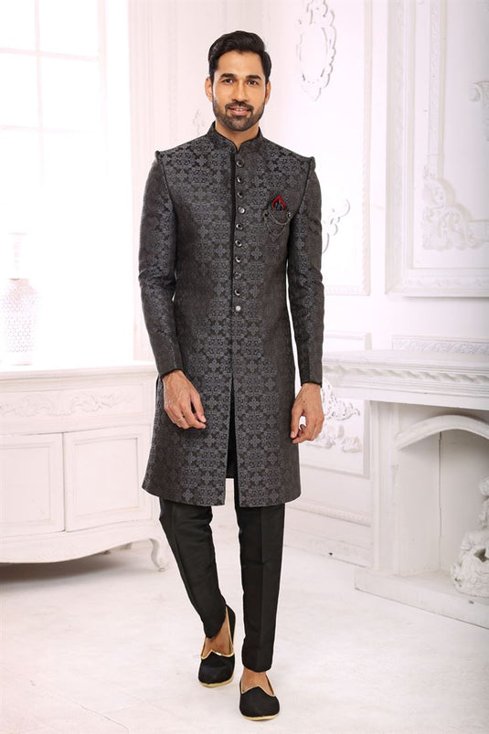 Grey Color Brocade Fabric Magnificent Indo Western For Men
