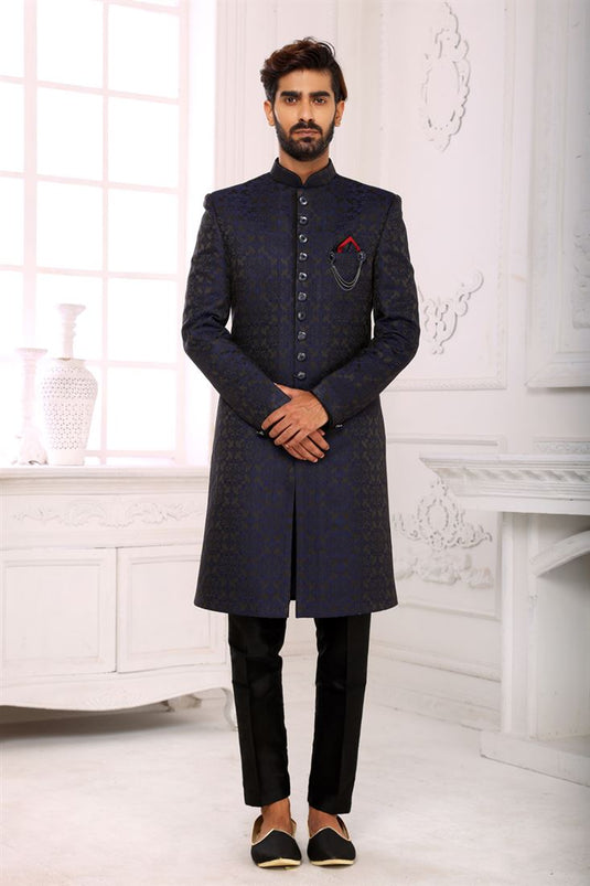 Trendy Textured Navy Blue Color Brocade Fabric Indo Western For Men