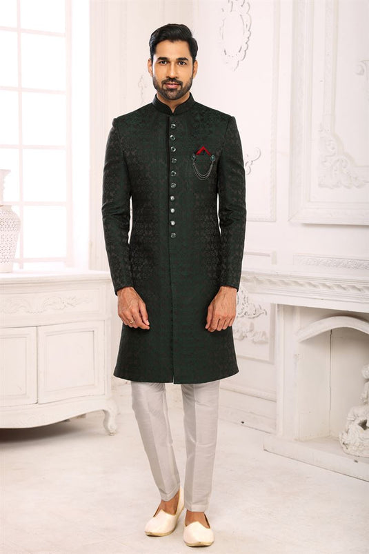 Intriguing Dark Green Color Indo Western For Men In Brocade Fabric