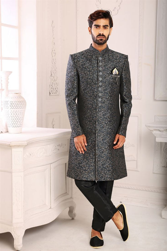 Dark Grey Color Brocade Fabric Royal Indo Western For Men