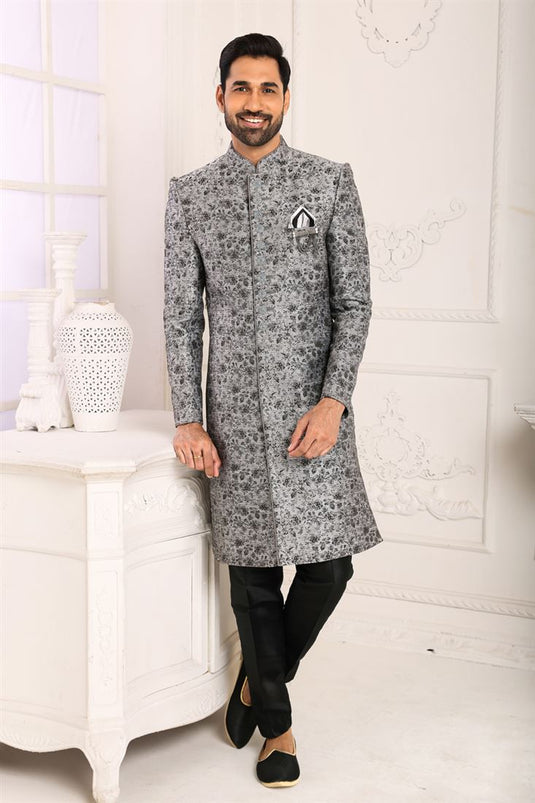 Grey Color Brocade Fabric Engrossing Indo Western For Men