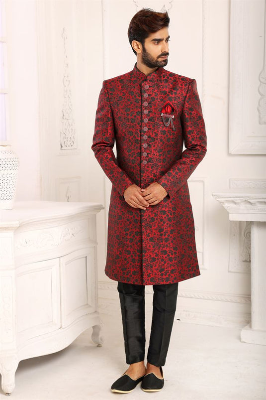Maroon Color Provocative Indo Western For Men In Brocade Fabric